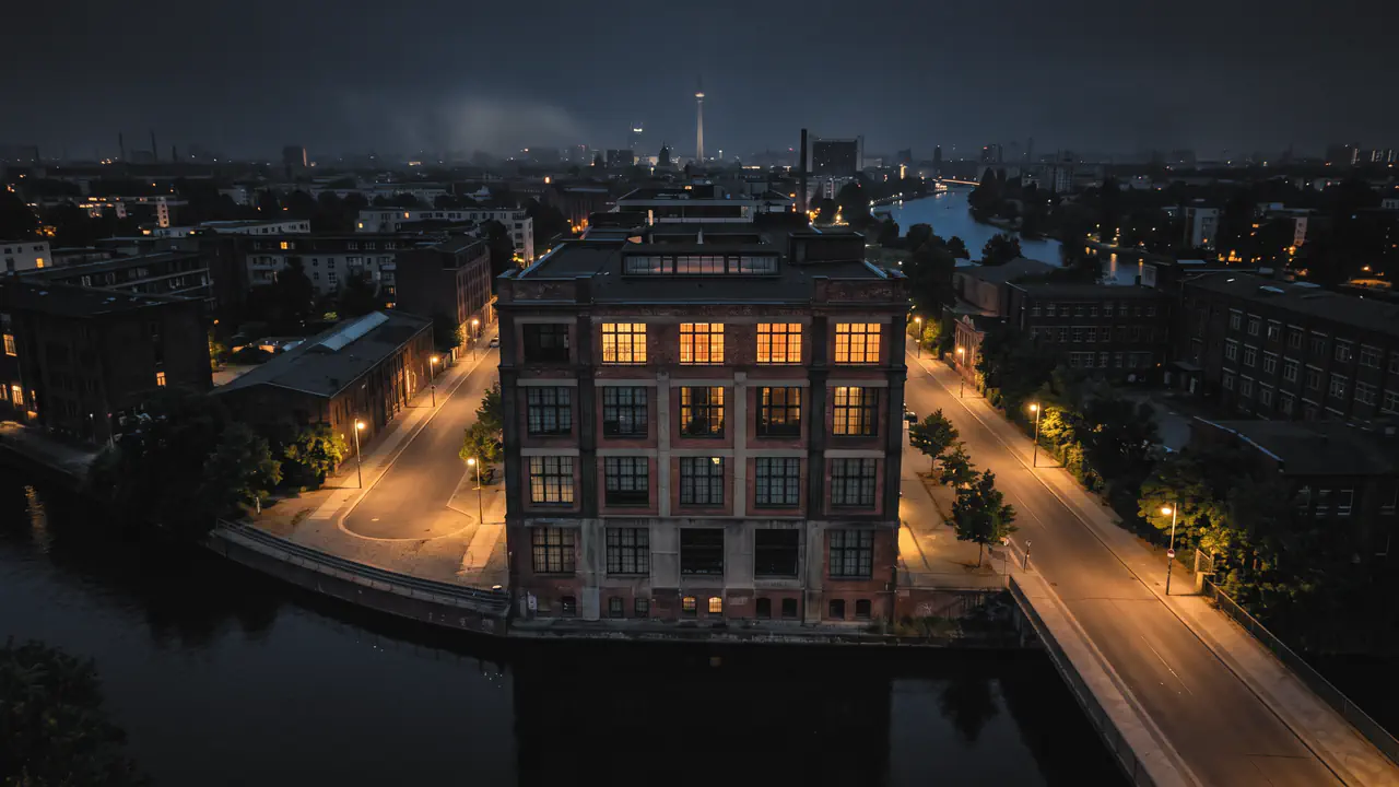 Ein Gebäude bei Nacht mit erleuchteten Fenstern
