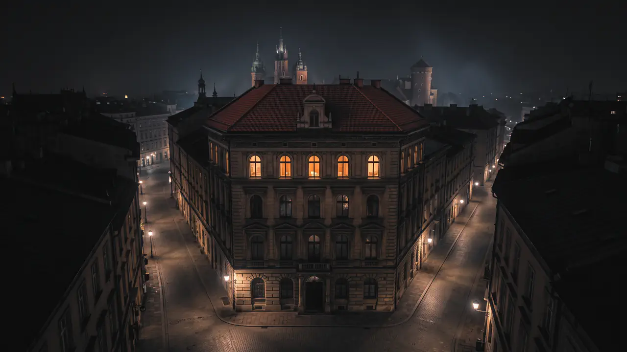 Ein Gebäude bei Nacht mit erleuchteten Fenstern