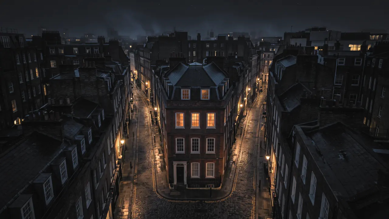 A building at night with lit windows