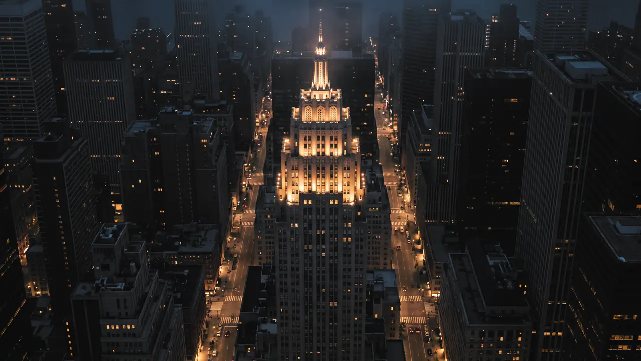 A building at night with lit windows