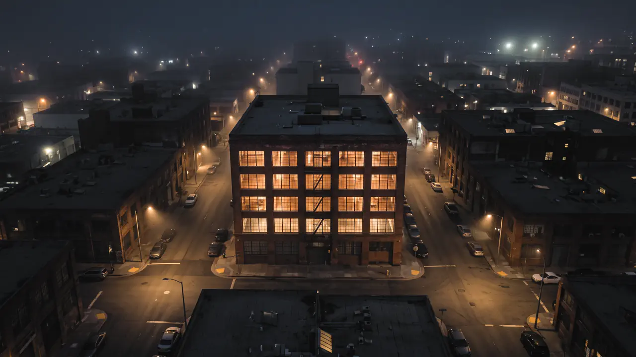 Ein Gebäude bei Nacht mit erleuchteten Fenstern