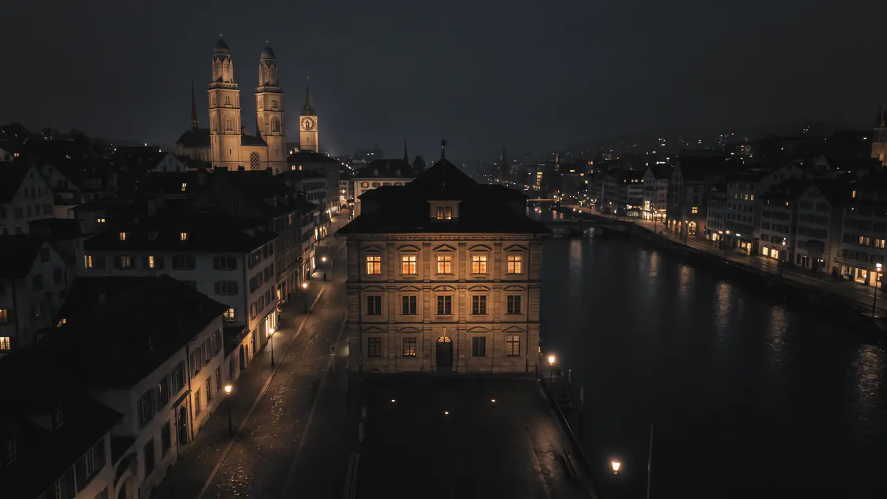 A building at night with lit windows